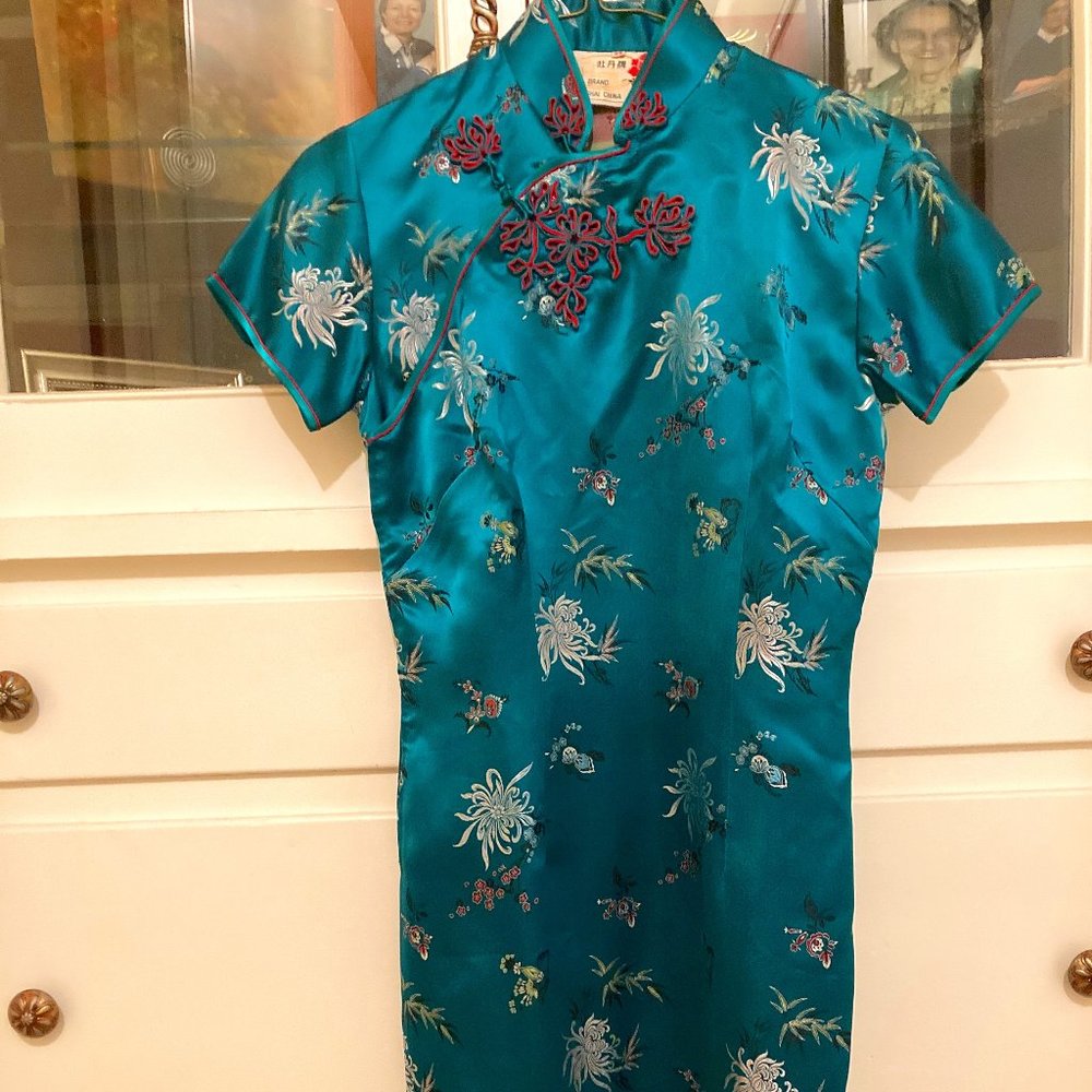 Mandarin Wiggle Bright Teal Qipao Cheongsam Asian Dress XS
